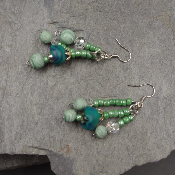 Dangling Cluster Ocean Beaded Earrings with Handmade Beads and Pearls - OOAK - Picture 6 of 10